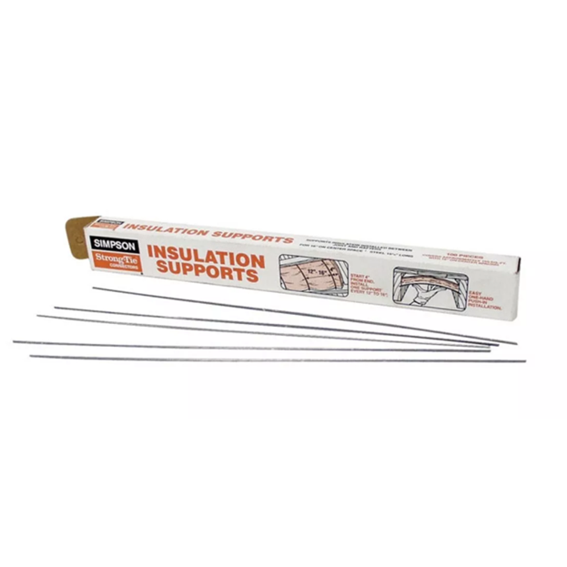 The Simpson Strong-Tie 15-1/2 in. Insulation Support (100-Pack) consists of carbon steel spring wire rods with mitered tips for securing insulation, and includes a diagram for installation.